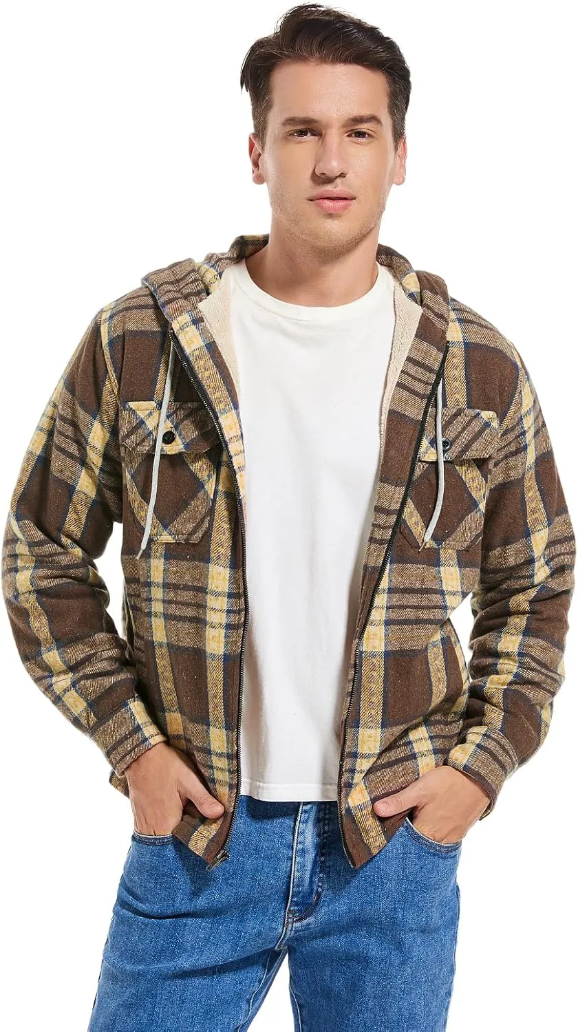 Men's Full Zip Flannel Jacket Sherpa Fleece Lined Hoodie Jacket Plaid Flannel Shirt Jackets with Pocket
