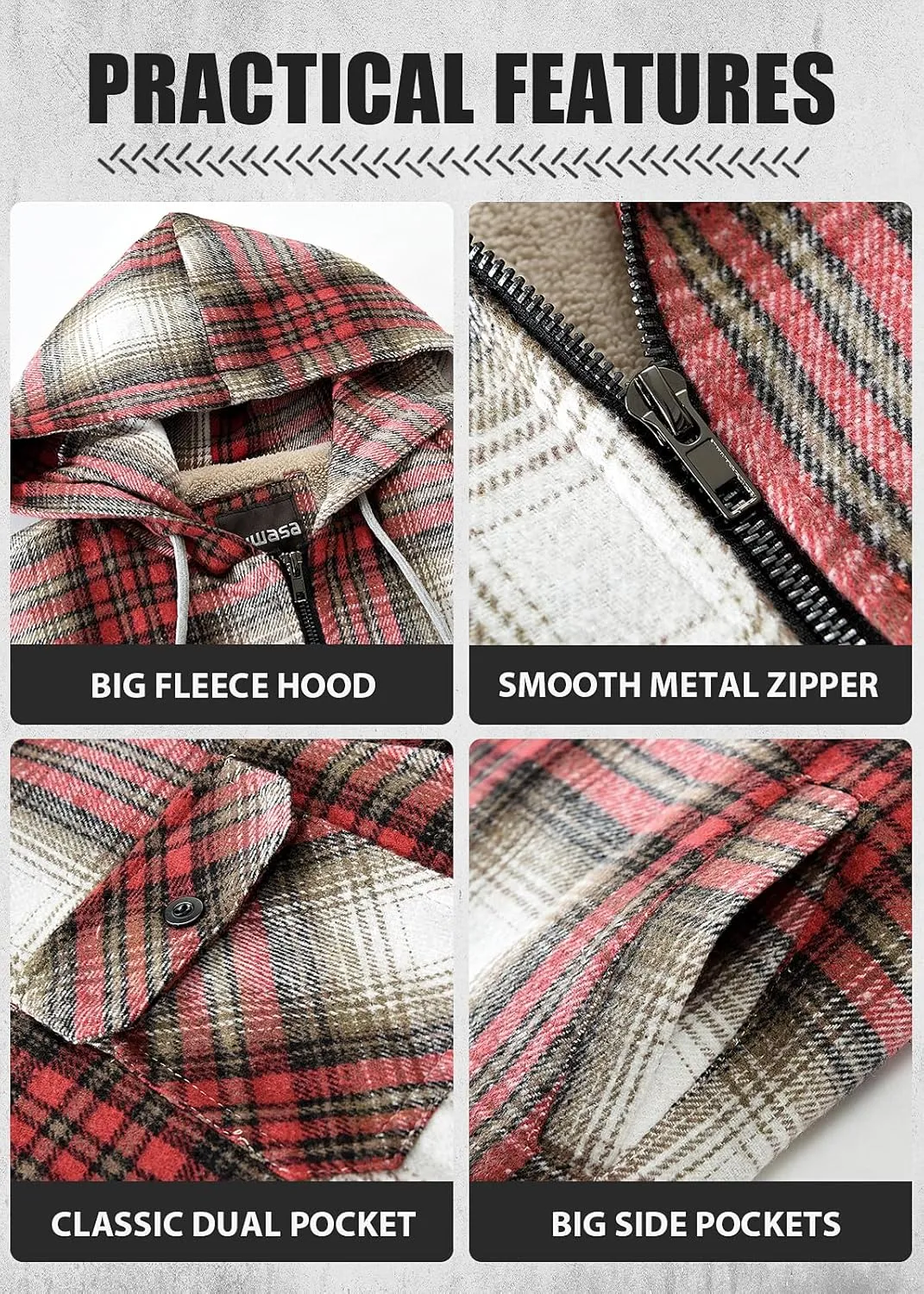 Men's Full Zip Flannel Jacket Sherpa Fleece Lined Hoodie Jacket Plaid Flannel Shirt Jackets with Pocket