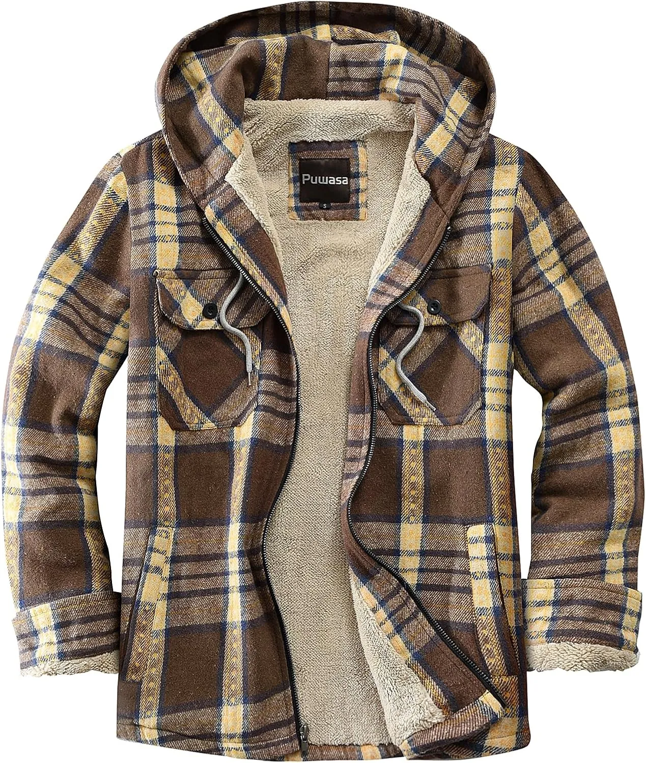 Men's Full Zip Flannel Jacket Sherpa Fleece Lined Hoodie Jacket Plaid Flannel Shirt Jackets with Pocket