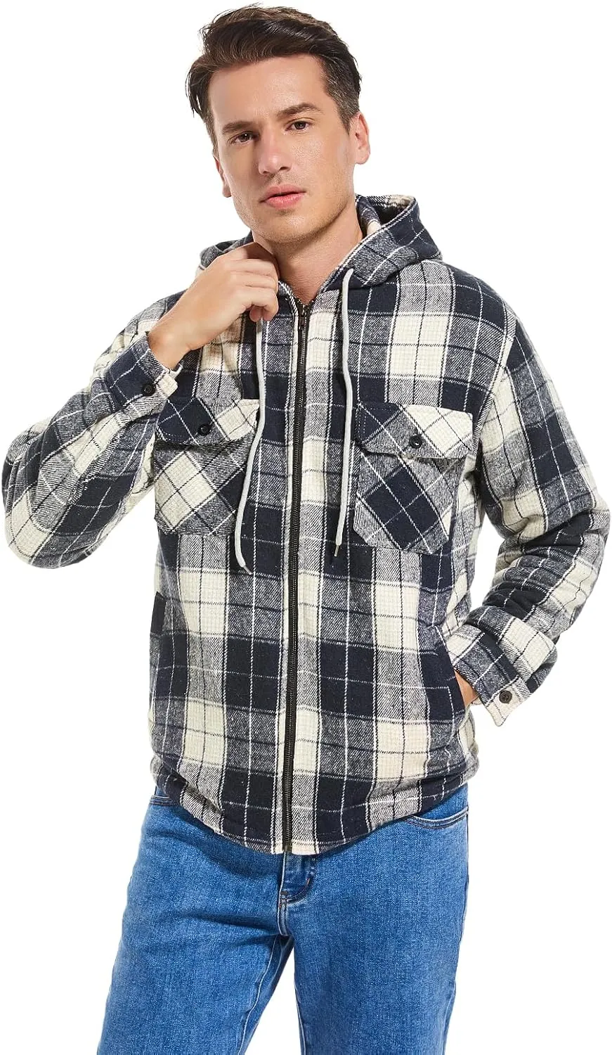 Men's Full Zip Flannel Jacket Sherpa Fleece Lined Hoodie Jacket Plaid Flannel Shirt Jackets with Pocket