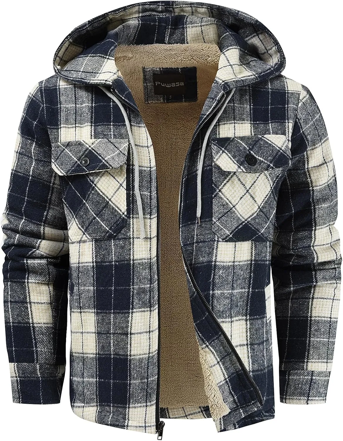 Men's Full Zip Flannel Jacket Sherpa Fleece Lined Hoodie Jacket Plaid Flannel Shirt Jackets with Pocket