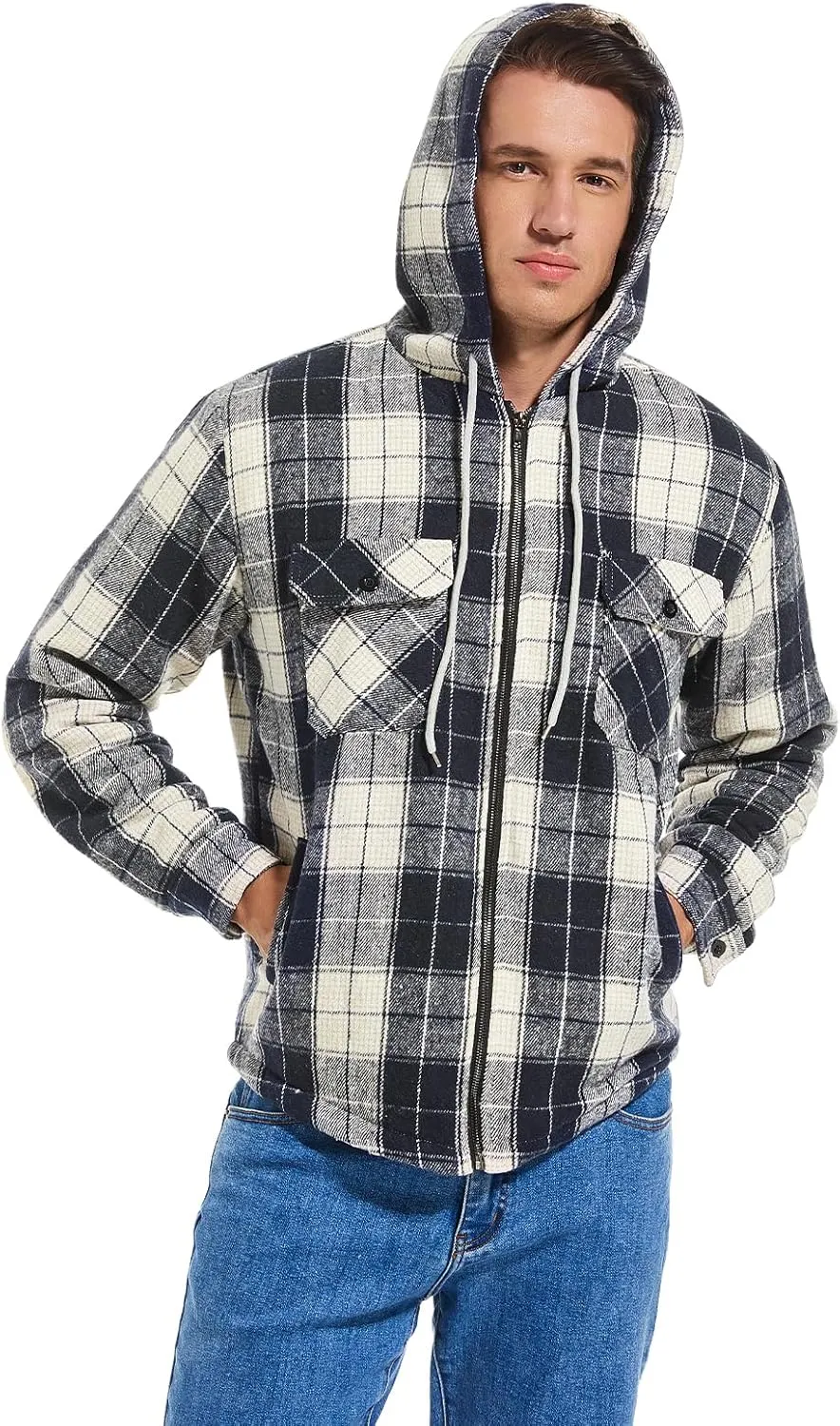 Men's Full Zip Flannel Jacket Sherpa Fleece Lined Hoodie Jacket Plaid Flannel Shirt Jackets with Pocket