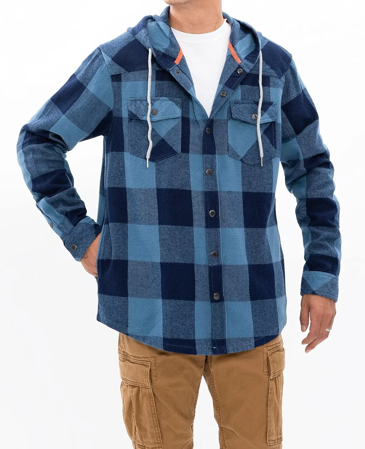 Men's Hooded Plaid Flannel Shirt Jacket Snap Button Flannel Hoodie with Hand Pockets (Heavyweight 10.6 Oz Fabric)