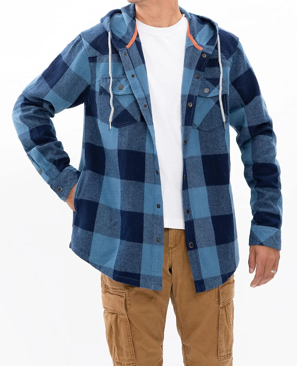 Men's Hooded Plaid Flannel Shirt Jacket Snap Button Flannel Hoodie with Hand Pockets (Heavyweight 10.6 Oz Fabric)