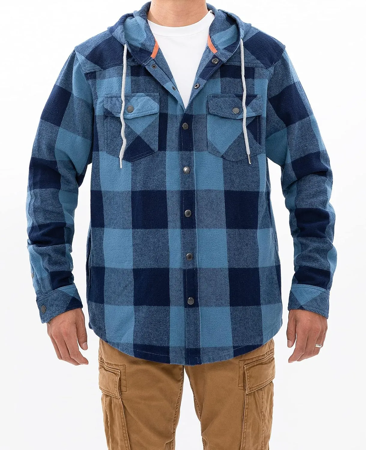 Men's Hooded Plaid Flannel Shirt Jacket Snap Button Flannel Hoodie with Hand Pockets (Heavyweight 10.6 Oz Fabric)
