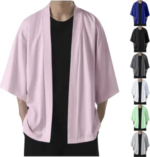 Men's Lightweight Kimono Robe Jacket Thin Ice Silk UV Sun Protection Cover Up Open Front Long Cardigan Coat Outwear