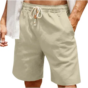 Mens Linen Beach Pants Lounge Drawstring Athletic Shorts Summer Baggy Elastic Waist Vacation Pants with Pockets