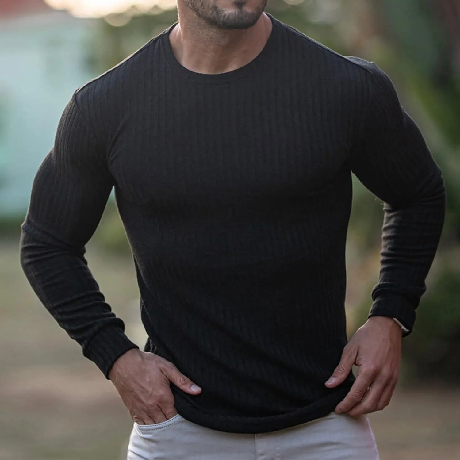 Men's Long Sleeve Shirts Ribbed Pullover Sweater Muscle T-Shirt Slim Fit Thermal Tops Crew Neck Stretchy Undershirts