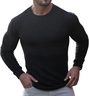 Men's Long Sleeve Shirts Ribbed Pullover Sweater Muscle T-Shirt Slim Fit Thermal Tops Crew Neck Stretchy Undershirts
