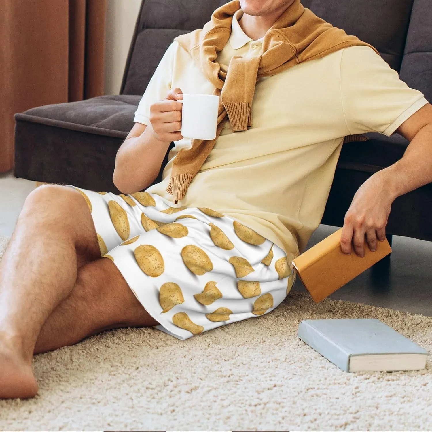 Mens Pajama Pants - Potato Pattern cartoon Sleep Shorts Mens Pajama Shorts, Comfy Pj Pants for Mens Lounge Shorts