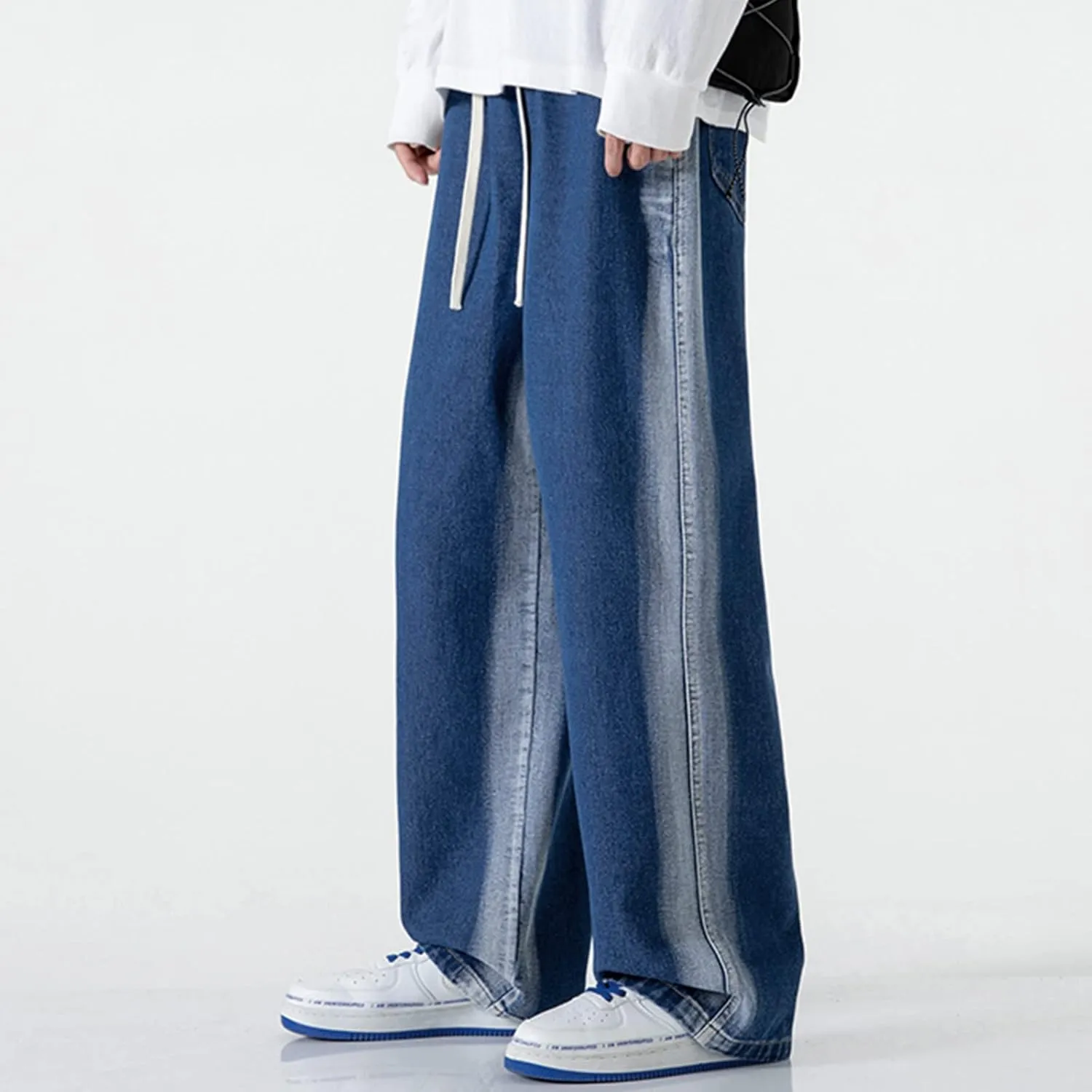 Mens Pants Jeans with Cargo Pockets Classic Elastic Waist Retro Jeans Pants Lightweight Elastic Waist Denim Trousers