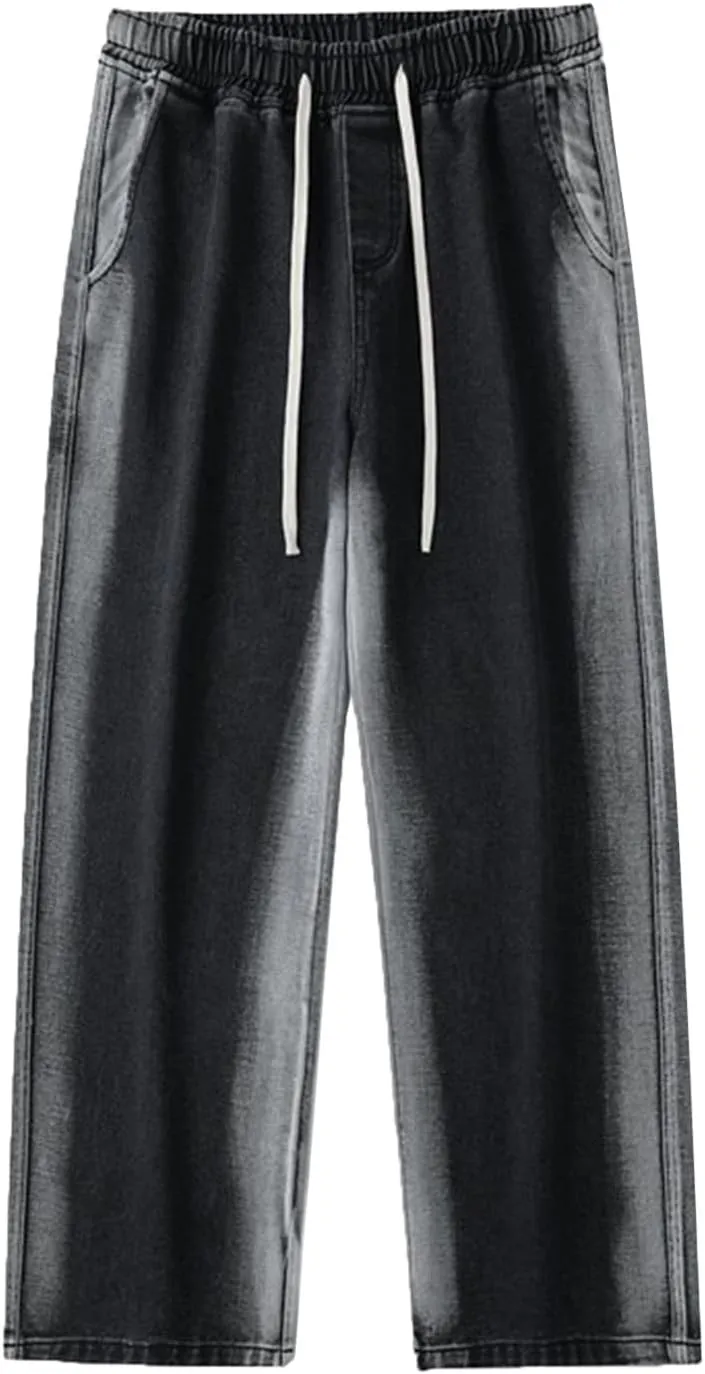Mens Pants Jeans with Cargo Pockets Classic Elastic Waist Retro Jeans Pants Lightweight Elastic Waist Denim Trousers