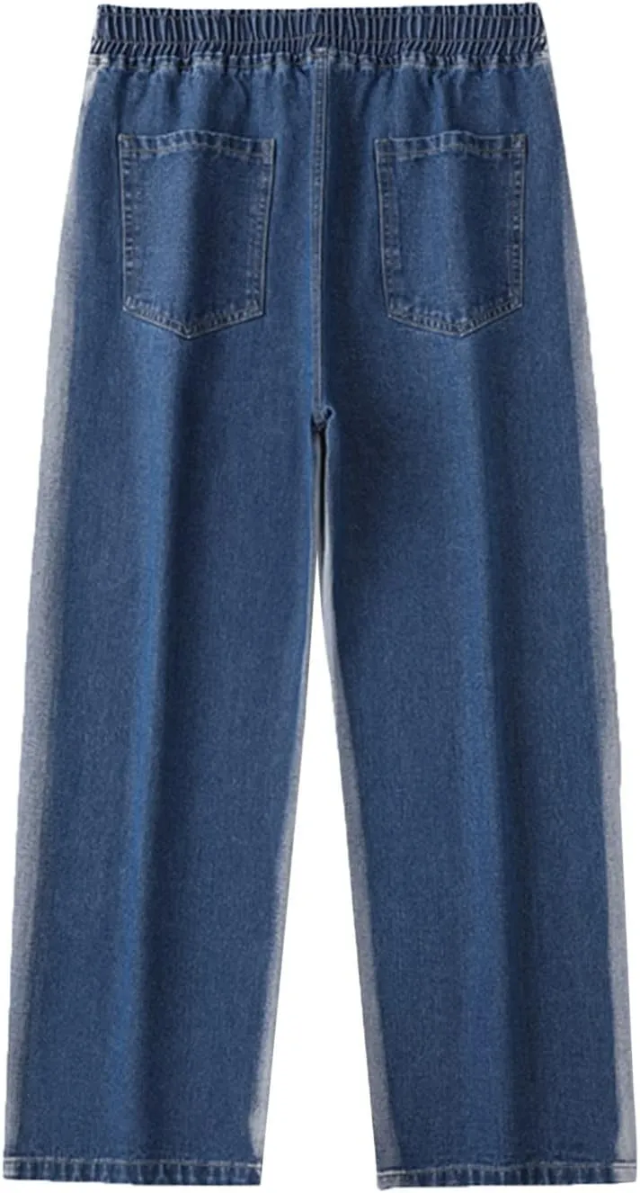 Mens Pants Jeans with Cargo Pockets Classic Elastic Waist Retro Jeans Pants Lightweight Elastic Waist Denim Trousers