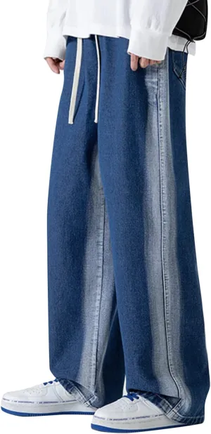 Mens Pants Jeans with Cargo Pockets Classic Elastic Waist Retro Jeans Pants Lightweight Elastic Waist Denim Trousers