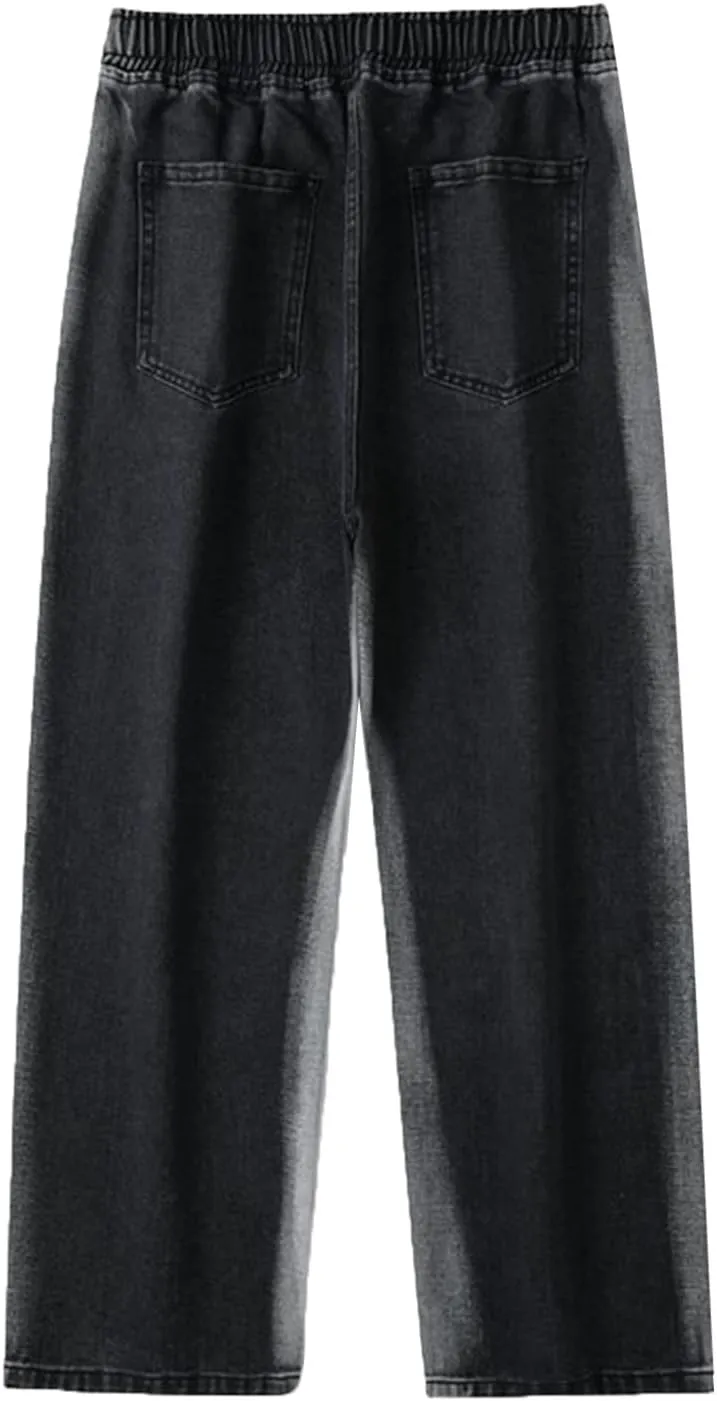 Mens Pants Jeans with Cargo Pockets Classic Elastic Waist Retro Jeans Pants Lightweight Elastic Waist Denim Trousers