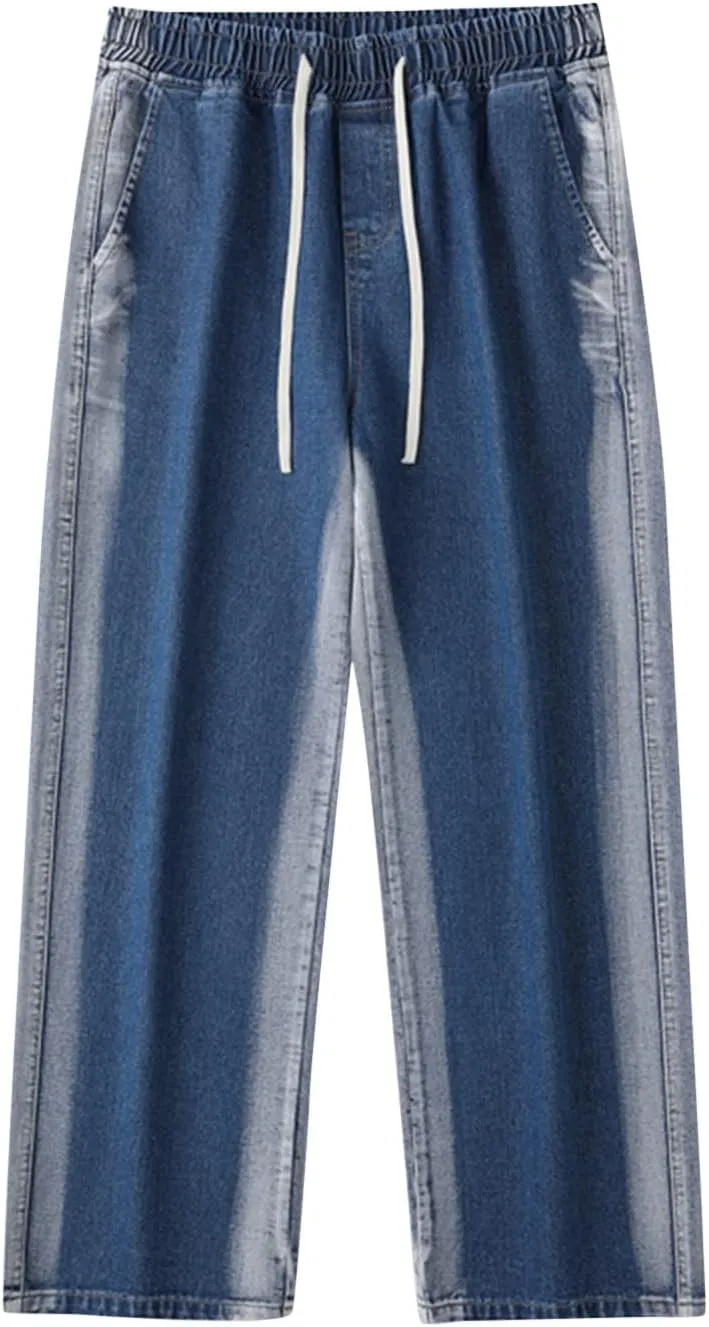 Mens Pants Jeans with Cargo Pockets Classic Elastic Waist Retro Jeans Pants Lightweight Elastic Waist Denim Trousers