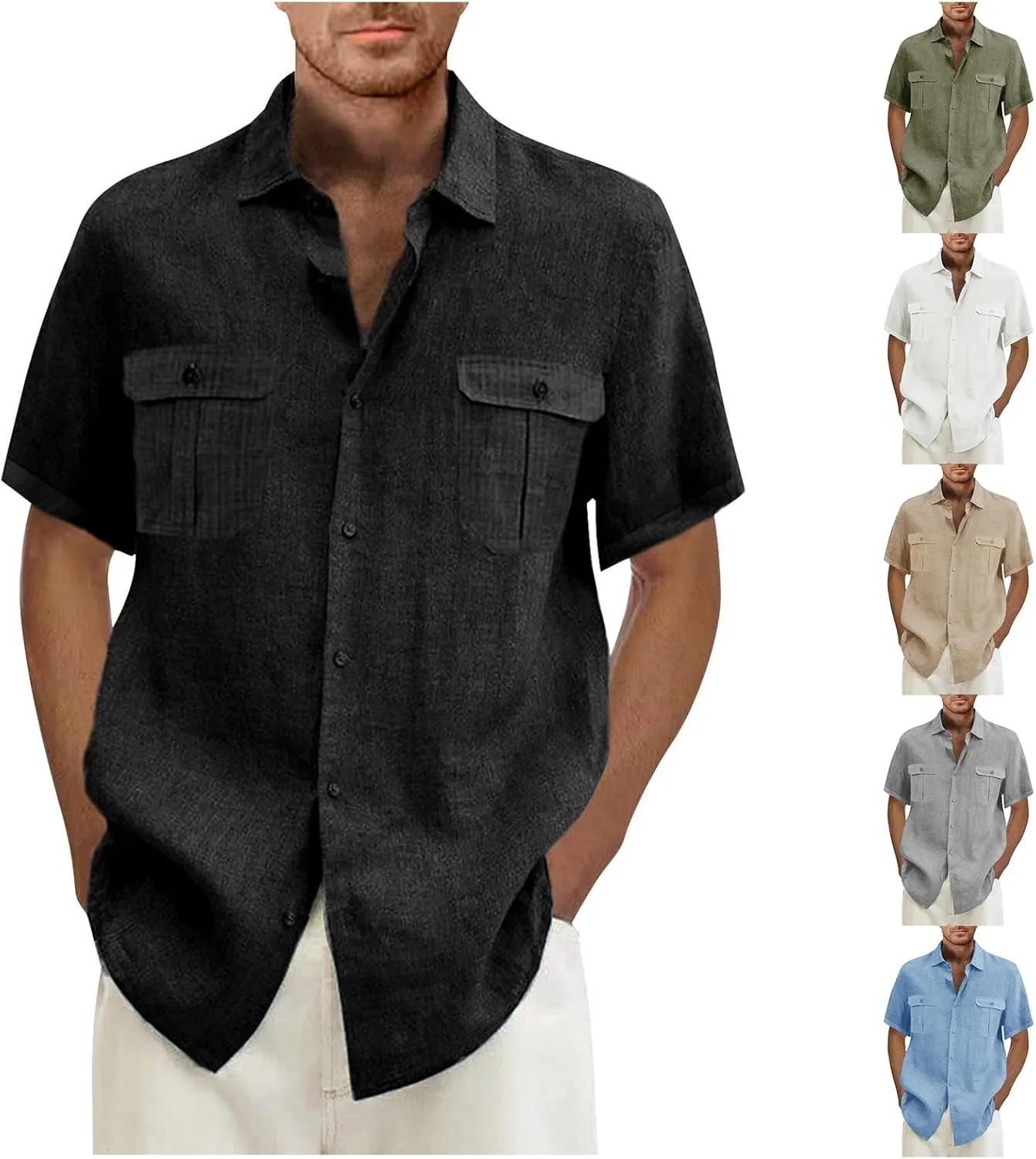 Mens Short Sleeve Shirt Button Down Cotton Linen Lightweight Shirts Summer Casual Spread Collar Beach Tops with Pockets
