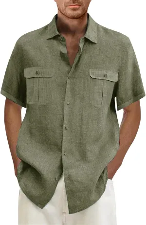 Mens Short Sleeve Shirt Button Down Cotton Linen Lightweight Shirts Summer Casual Spread Collar Beach Tops with Pockets