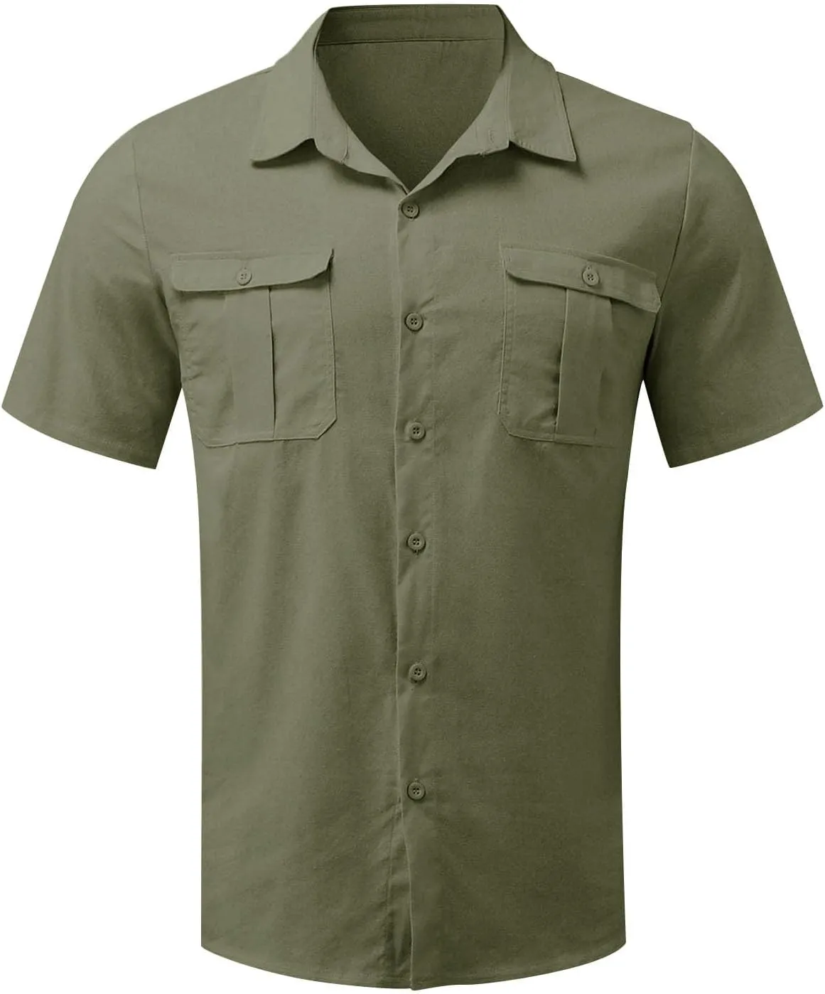 Mens Short Sleeve Shirt Button Down Cotton Linen Lightweight Shirts Summer Casual Spread Collar Beach Tops with Pockets