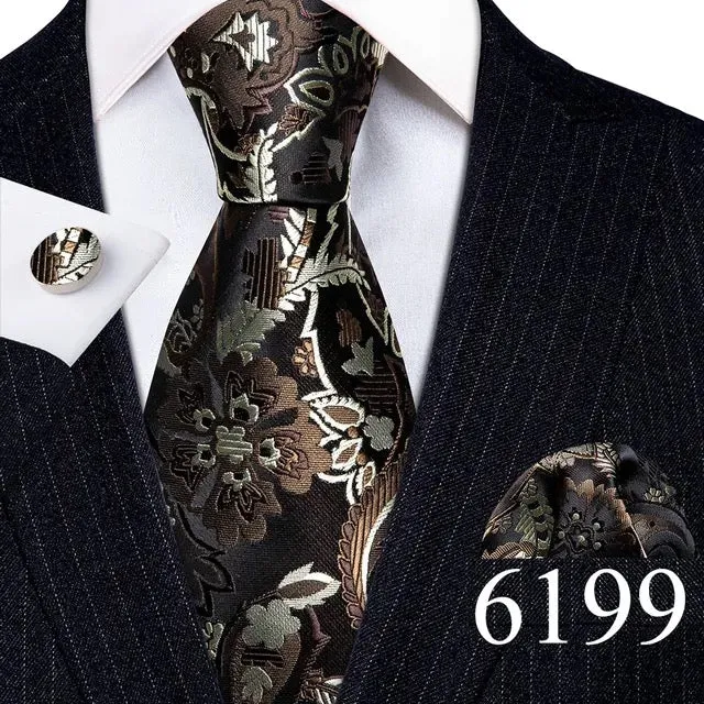 Men’s Silk Coordinated Tie Set - Brown Silver Paisley (6199)