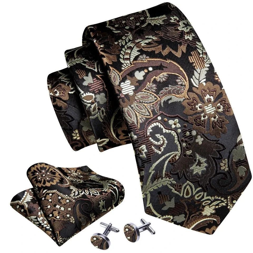 Men’s Silk Coordinated Tie Set - Brown Silver Paisley (6199)