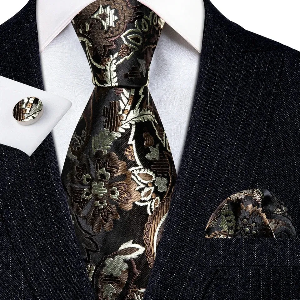 Men’s Silk Coordinated Tie Set - Brown Silver Paisley (6199)