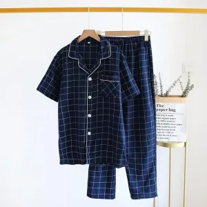 Men's Single-Line Plaid Pajamas - Short-Sleeved Trousers Suit