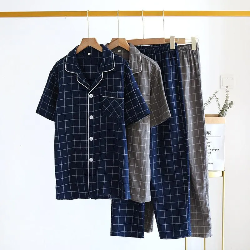 Men's Single-Line Plaid Pajamas - Short-Sleeved Trousers Suit