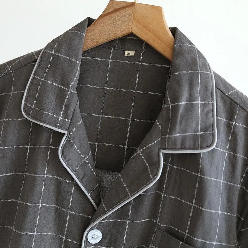 Men's Single-Line Plaid Pajamas - Short-Sleeved Trousers Suit