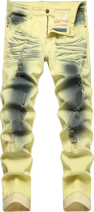 Men's Slim-fit Stretch Denim Jeans Featuring a Ripped Stretch Regular Pants