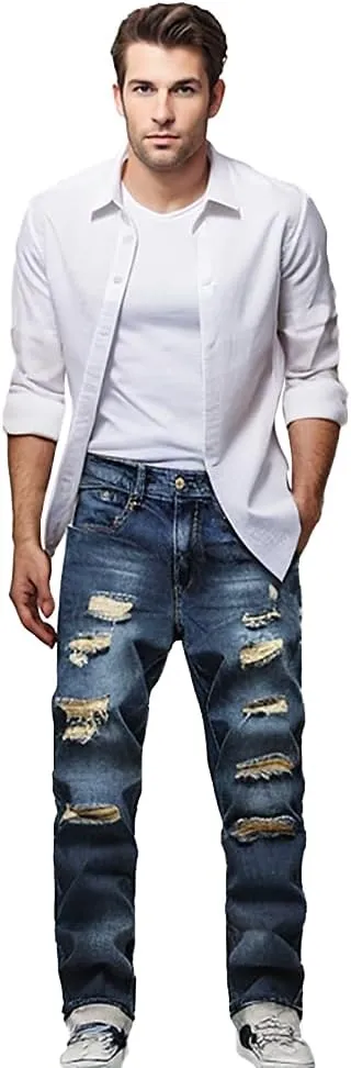 Men's Slim-fit Stretch Denim Jeans Featuring a Ripped Stretch Regular Pants