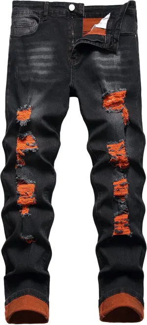 Men's Slim-fit Stretch Denim Jeans Featuring a Ripped Stretch Regular Pants