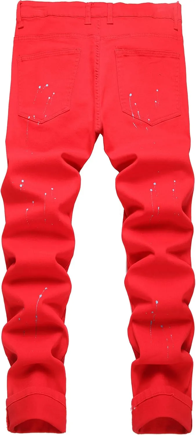 Men's Slim-fit Stretch Denim Jeans Featuring a Ripped Stretch Regular Pants
