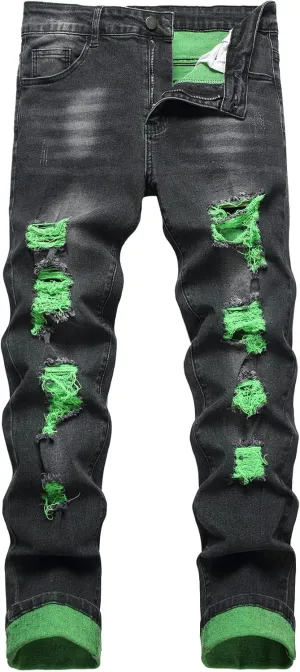 Men's Slim-fit Stretch Denim Jeans Featuring a Ripped Stretch Regular Pants