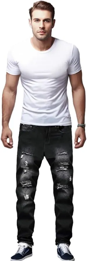 Men's Slim-fit Stretch Denim Jeans Featuring a Ripped Stretch Regular Pants