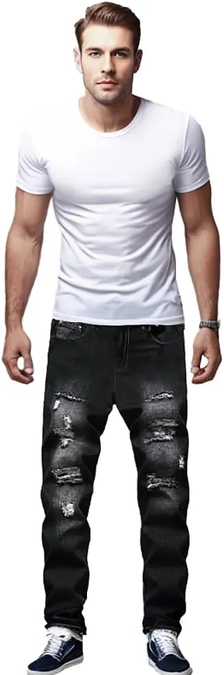 Men's Slim-fit Stretch Denim Jeans Featuring a Ripped Stretch Regular Pants