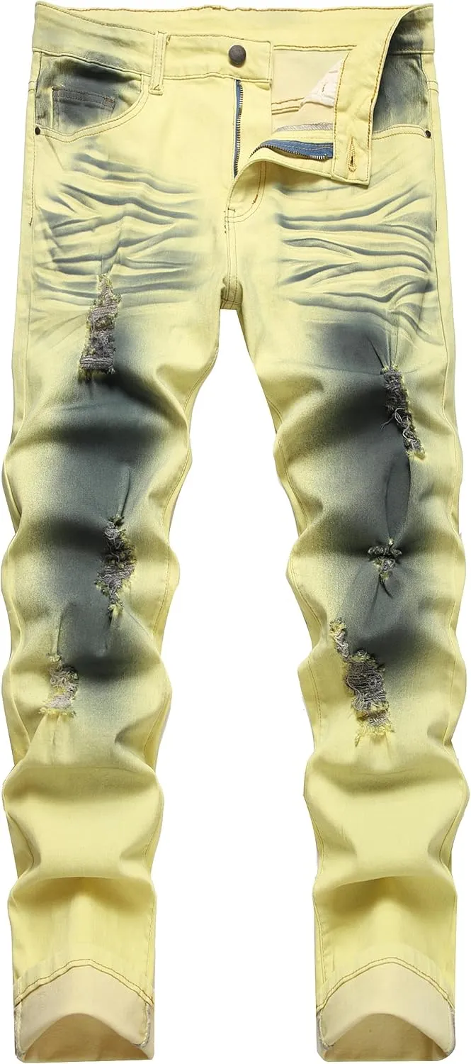 Men's Slim-fit Stretch Denim Jeans Featuring a Ripped Stretch Regular Pants