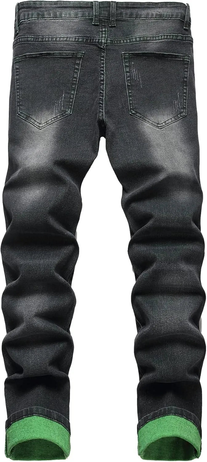 Men's Slim-fit Stretch Denim Jeans Featuring a Ripped Stretch Regular Pants
