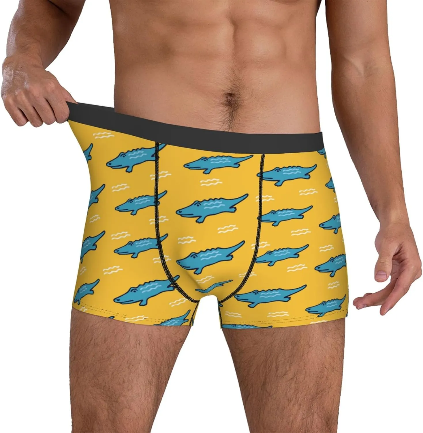 Mens Underwear Boxer Briefs - Cartoon Cute Crocodile Yellow Breathable Men's Boxer Briefs with Flex Waistband