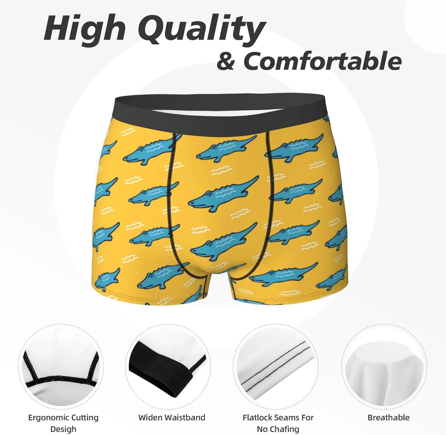 Mens Underwear Boxer Briefs - Cartoon Cute Crocodile Yellow Breathable Men's Boxer Briefs with Flex Waistband