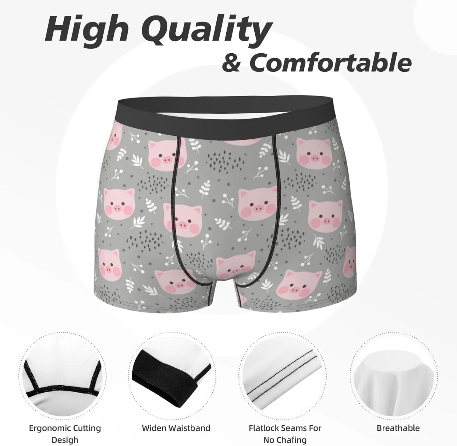 Mens Underwear Boxer Briefs - Cartoon Cute Pig Face Breathable Men's Boxer Briefs with Flex Waistband