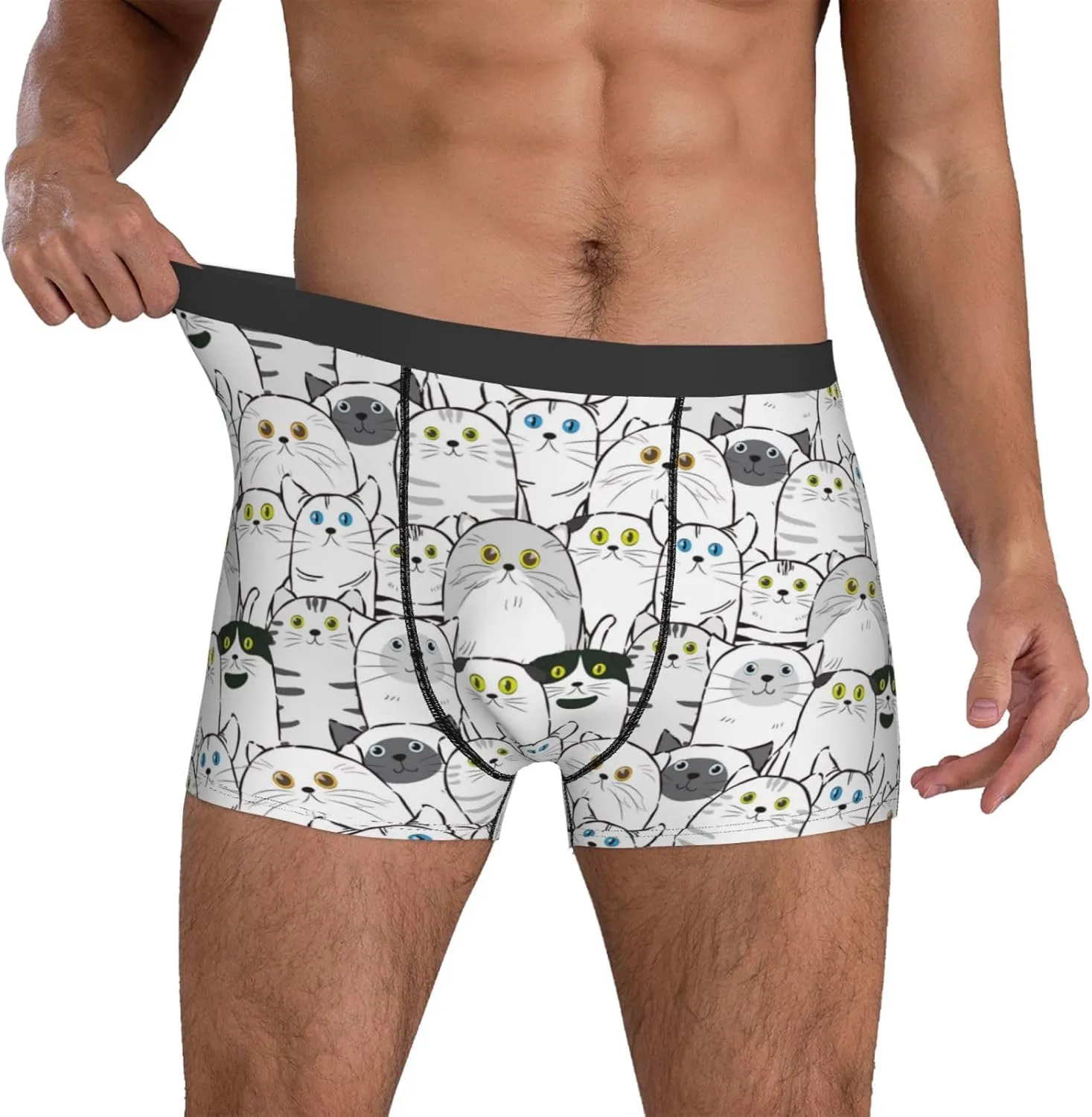 Mens Underwear Boxer Briefs - Classic Cute Cartoon Cat Breathable Men's Boxer Briefs with Flex Waistband