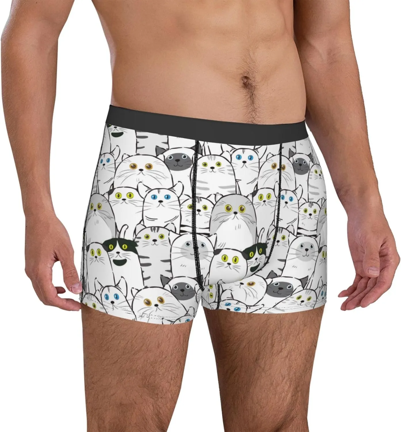 Mens Underwear Boxer Briefs - Classic Cute Cartoon Cat Breathable Men's Boxer Briefs with Flex Waistband