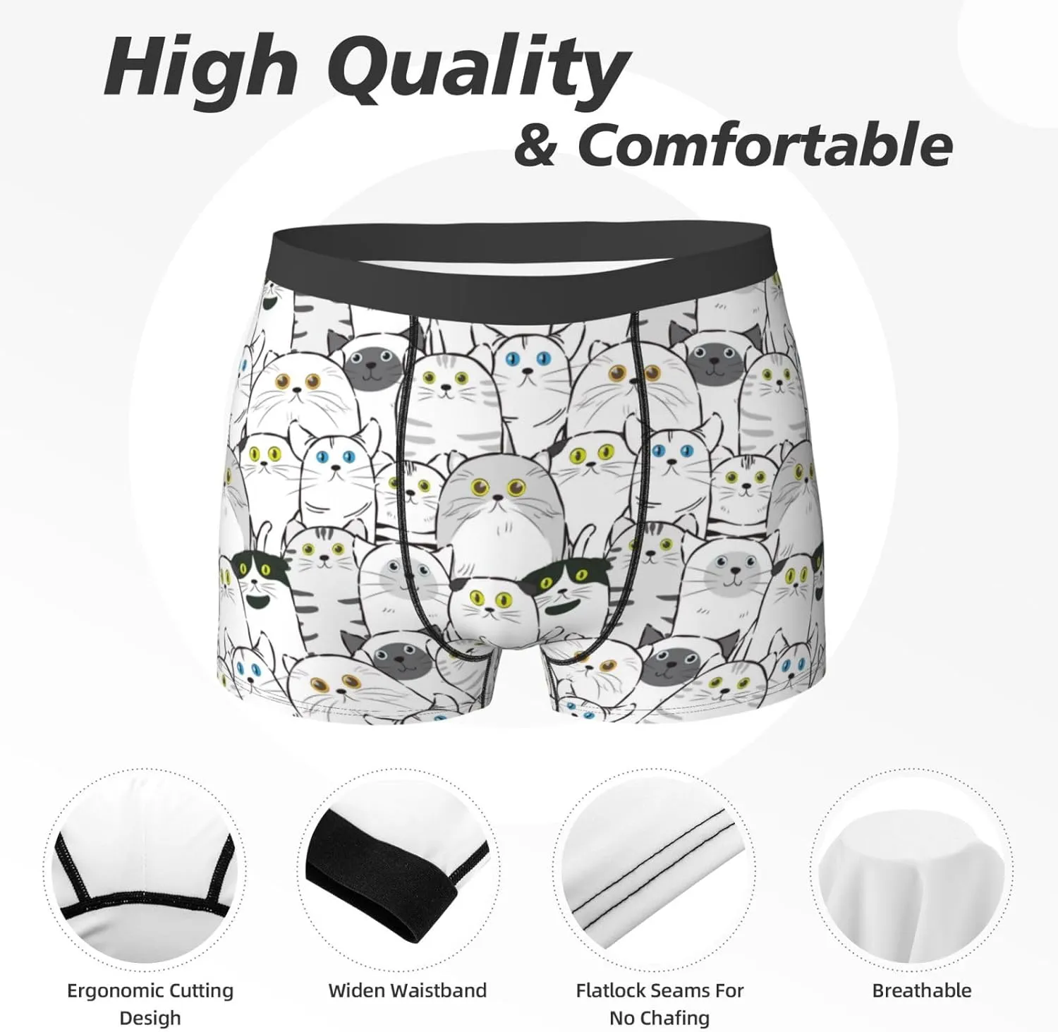 Mens Underwear Boxer Briefs - Classic Cute Cartoon Cat Breathable Men's Boxer Briefs with Flex Waistband