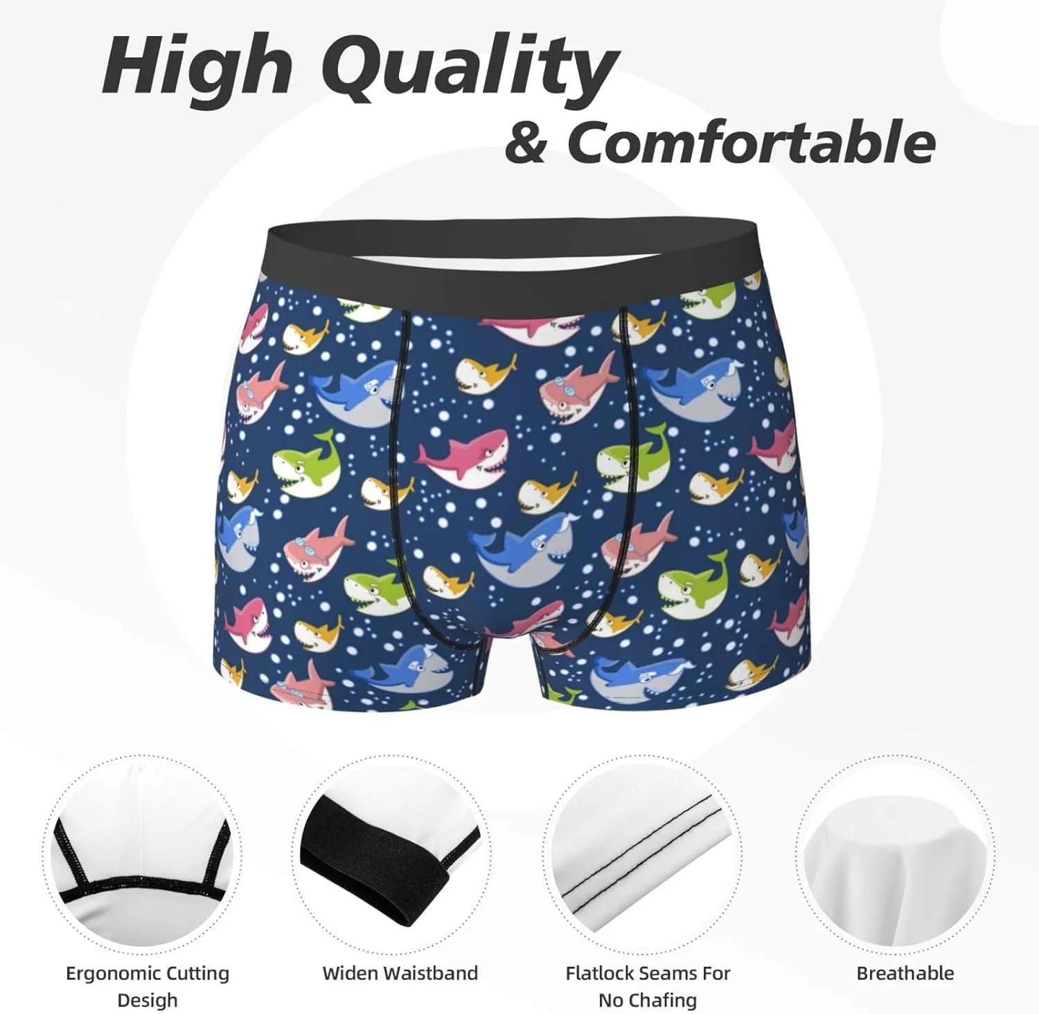 Mens Underwear Boxer Briefs - Colorful Cartoon Funny Cute Shark Breathable Men's Boxer Briefs with Flex Waistband