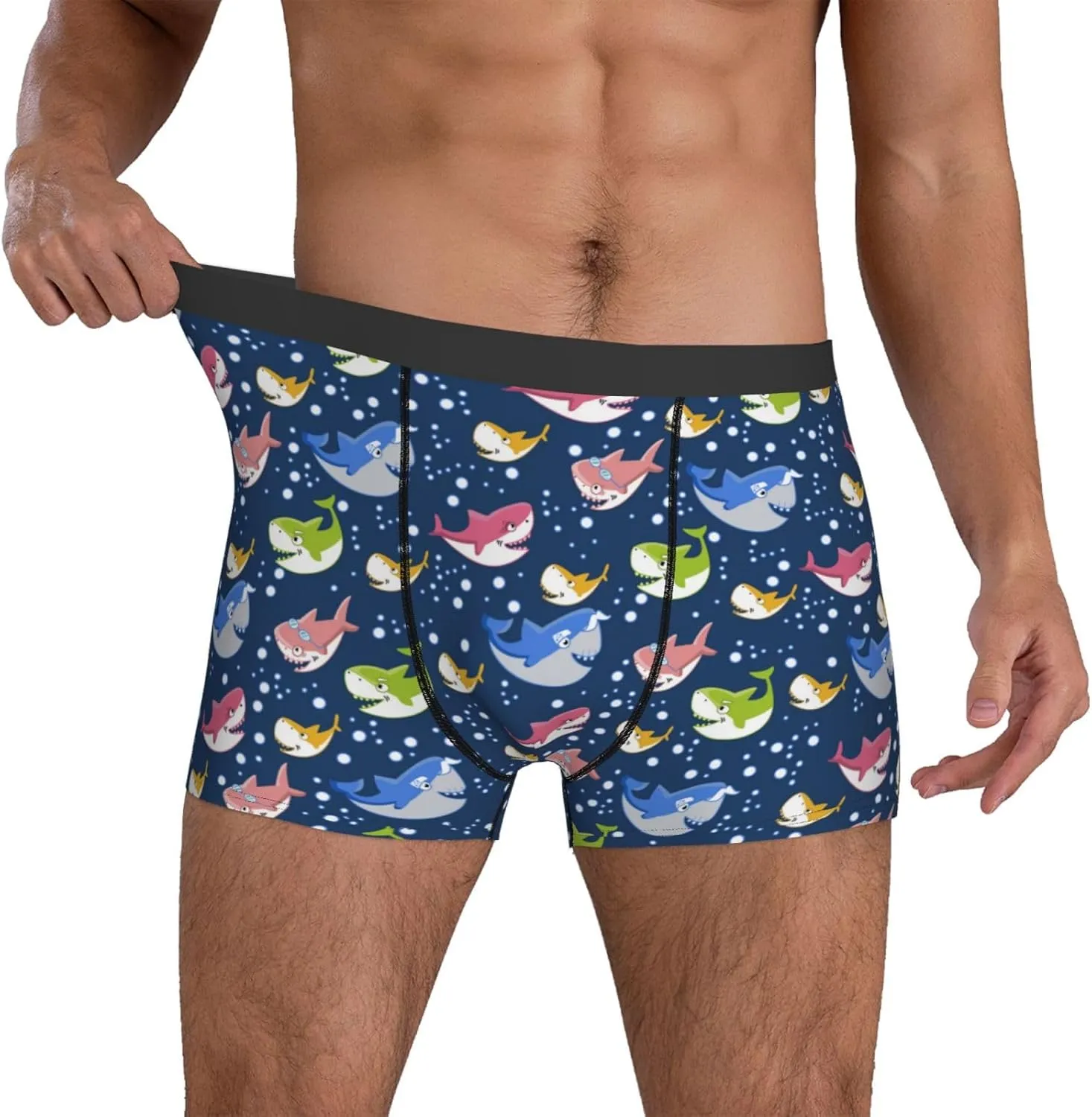 Mens Underwear Boxer Briefs - Colorful Cartoon Funny Cute Shark Breathable Men's Boxer Briefs with Flex Waistband