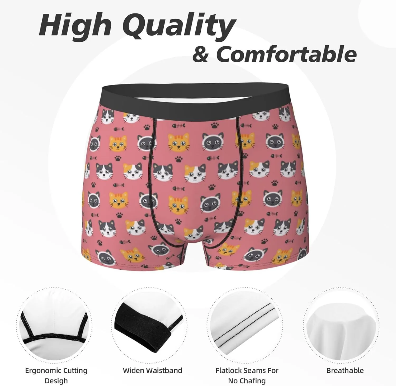 Mens Underwear Boxer Briefs - Cute Cartoon Cat Fishbone Breathable Men's Boxer Briefs with Flex Waistband