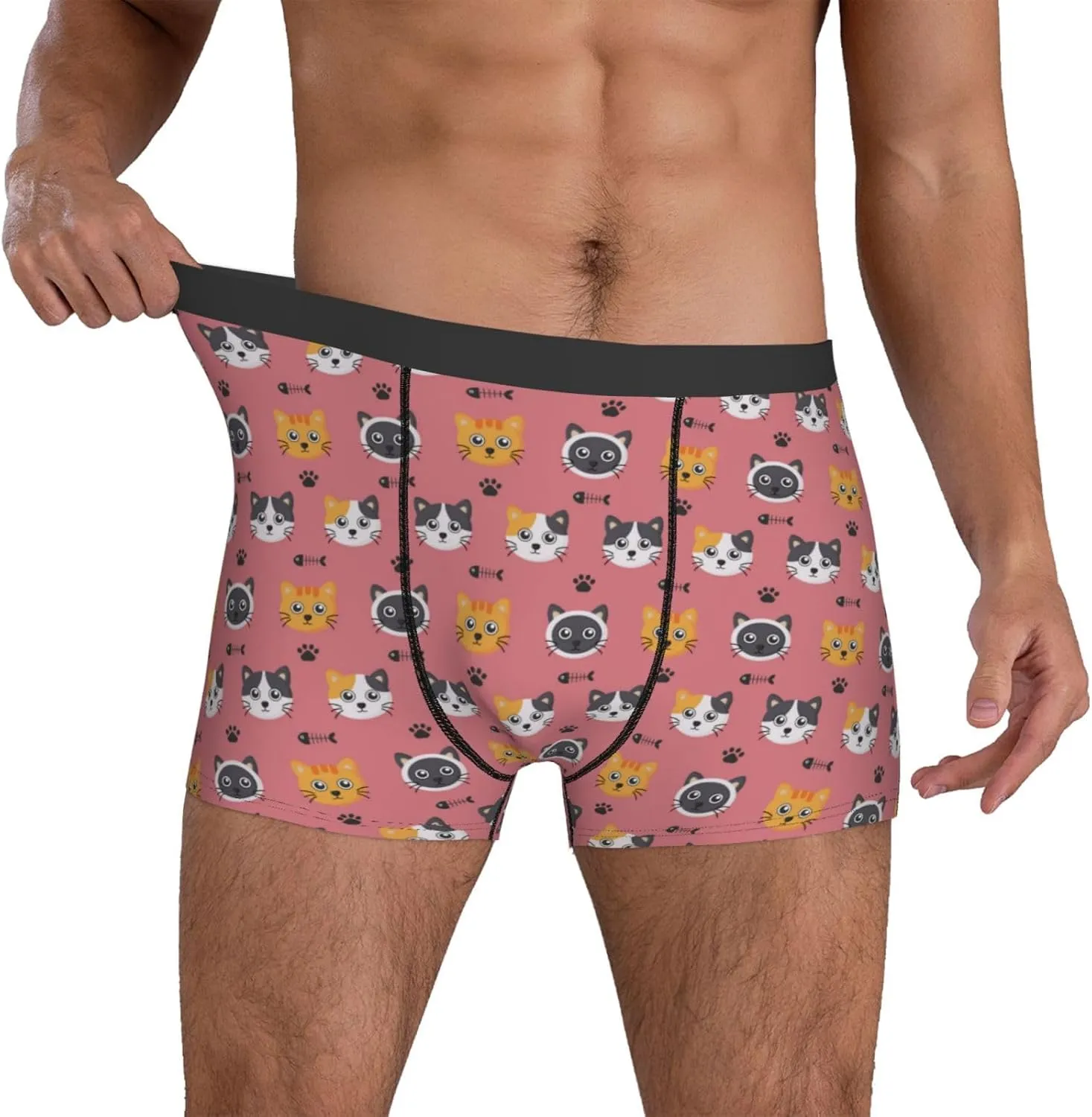 Mens Underwear Boxer Briefs - Cute Cartoon Cat Fishbone Breathable Men's Boxer Briefs with Flex Waistband