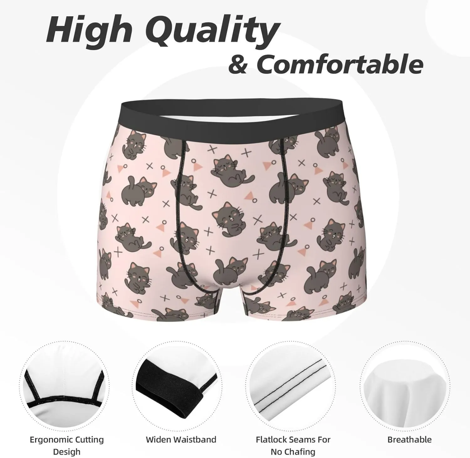 Mens Underwear Boxer Briefs - Cute Cartoon Smiling Cat Breathable Men's Boxer Briefs with Flex Waistband