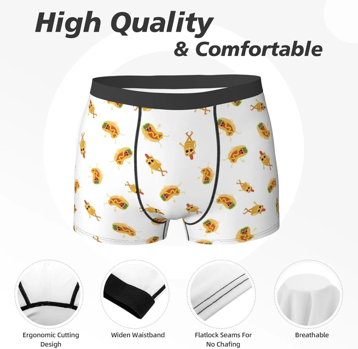 Mens Underwear Boxer Briefs - Funny Cartoon Hot Dog Print Breathable Men's Boxer Briefs with Flex Waistband